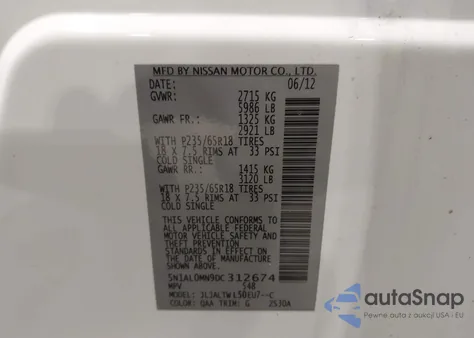 2013 Infiniti Jx35 z USA, uszkodzony, nr VIN 5N1AL0MN9DC312674